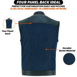 ADM Leather SOA Blue Denim Black Leather Vest, Men’s Motorcycle Biker Club Vest, YKK Zipper, Concealed Carry, Band Collar Rider Vest ADM LEATHER