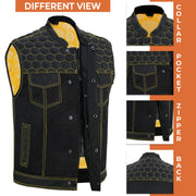 ADM Leather Men’s SOA Denim Mesh Motorcycle Vest – Yellow Stitching, YKK Zipper, Concealed Carry Gun Pockets, Club-Style Band Collar ADM LEATHER