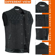 ADM Leather Men’s SOA Style Denim & Leather Motorcycle Vest – Diamond Quilted Shoulders, Gun Pockets, Club Riding Vest, Black Stitching With No Band Collar ADM LEATHER