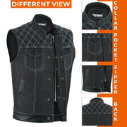 ADM Leather Men’s SOA Style Denim & Leather Motorcycle Vest – Diamond Quilted Shoulders, Gun Pockets, Club Riding Vest, White Stitching With Band Collar ADM LEATHER