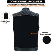 ADM Leather Men’s SOA Denim & Leather Motorcycle Vest – Diamond Quilted Shoulders, Concealed Gun Pockets, White Stitching, Band Collar ADM LEATHER