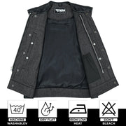 ADM Leather Men’s SOA Style Denim & Leather Motorcycle Vest – Diamond Quilted Shoulders, Gun Pockets, Club Riding Vest, Black Stitching With No Band Collar ADM LEATHER