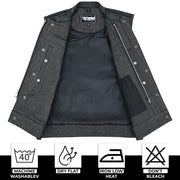 ADM Leather Men’s SOA Style Denim & Leather Motorcycle Vest – Diamond Quilted Shoulders, Gun Pockets, Club Riding Vest, Black Stitching With Band Collar ADM LEATHER