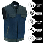 ADM Leather SOA Blue Denim Black Leather Vest, Men’s Motorcycle Biker Club Vest, YKK Zipper, Concealed Carry, Band Collar Rider Vest ADM LEATHER