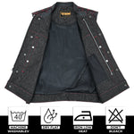 ADM Leather Men’s SOA Style Denim & Leather Motorcycle Vest – Diamond Quilted Shoulders, Gun Pockets, Club Riding Vest, Red Stitching with Band Collar ADM LEATHER