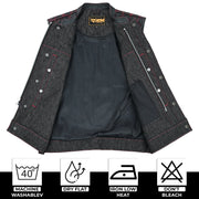 ADM Leather Men’s SOA Style Denim & Leather Motorcycle Vest – Diamond Quilted Shoulders, Gun Pockets, Club Riding Vest, Red Stitching with Band Collar ADM LEATHER