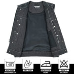 ADM Leather Men’s SOA Style Denim & Leather Motorcycle Vest – Diamond Quilted Shoulders, Gun Pockets, Club Riding Vest, White Stitching With No Band Collar ADM LEATHER