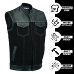 ADM Leather Denim Leather Combo SOA Motorcycle Vest, Men’s Biker Club Vest with Concealed Carry Pockets, YKK Zipper & Band Collar Rider Vest ADM LEATHER