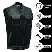 ADM Leather Denim Leather Combo SOA Motorcycle Vest, Men’s Biker Club Vest with Concealed Carry Pockets, YKK Zipper & Band Collar Rider Vest ADM LEATHER