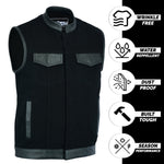 ADM Leather SOA Leather Denim Combo Vest, Men’s Motorcycle Biker Club Vest with Concealed Carry Pockets, YKK Zipper & Band Collar Rider Vest ADM LEATHER