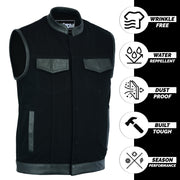 ADM Leather SOA Leather Denim Combo Vest, Men’s Motorcycle Biker Club Vest with Concealed Carry Pockets, YKK Zipper & Band Collar Rider Vest ADM LEATHER