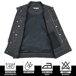 ADM Leather Men’s SOA Style Denim & Leather Motorcycle Vest – Diamond Quilted Shoulders, Gun Pockets, Club Riding Vest, White Stitching With Band Collar ADM LEATHER