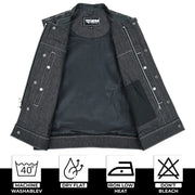 ADM Leather Men’s SOA Style Denim & Leather Motorcycle Vest – Diamond Quilted Shoulders, Gun Pockets, Club Riding Vest, White Stitching With Band Collar ADM LEATHER