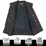 ADM Leather Men’s SOA Style Denim & Leather Motorcycle Vest – Diamond Quilted Shoulders, Gun Pockets, Club Riding Vest, Red Stitching with No Band Collar ADM LEATHER