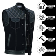 ADM Leather Men’s SOA Denim & Leather Motorcycle Vest – Diamond Quilted Shoulders, Concealed Gun Pockets, White Stitching, Band Collar ADM LEATHER