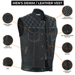 ADM Leather Men’s SOA Style Denim & Leather Motorcycle Vest – Diamond Quilted Shoulders, Gun Pockets, Club Riding Vest, White Stitching With Band Collar ADM LEATHER