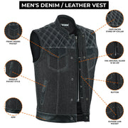 ADM Leather Men’s SOA Style Denim & Leather Motorcycle Vest – Diamond Quilted Shoulders, Gun Pockets, Club Riding Vest, White Stitching With Band Collar ADM LEATHER