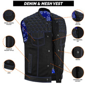 ADM Leather Men’s SOA Denim & Mesh Motorcycle Vest – Blue Stitching, Concealed Carry Pockets, YKK Zipper, Club-Style Band Collar ADM LEATHER