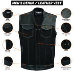 ADM Leather Denim Leather Combo SOA Motorcycle Vest, Men’s Biker Club Vest with Concealed Carry Pockets, YKK Zipper & Band Collar Rider Vest ADM LEATHER