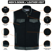 ADM Leather SOA Leather Denim Combo Vest, Men’s Motorcycle Biker Club Vest with Concealed Carry Pockets, YKK Zipper & Band Collar Rider Vest ADM LEATHER