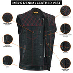 ADM Leather Men’s SOA Style Denim & Leather Motorcycle Vest – Diamond Quilted Shoulders, Gun Pockets, Club Riding Vest, Red Stitching with No Band Collar ADM LEATHER