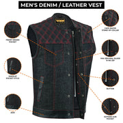 ADM Leather Men’s SOA Style Denim & Leather Motorcycle Vest – Diamond Quilted Shoulders, Gun Pockets, Club Riding Vest, Red Stitching with No Band Collar ADM LEATHER