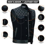 ADM Leather Men’s SOA Denim & Leather Motorcycle Vest – Diamond Quilted Shoulders, Concealed Gun Pockets, White Stitching, Band Collar ADM LEATHER
