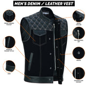 ADM Leather Men’s SOA Denim & Leather Motorcycle Vest – Diamond Quilted Shoulders, Concealed Gun Pockets, White Stitching, Band Collar ADM LEATHER