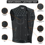 ADM Leather Men’s SOA Style Denim & Leather Motorcycle Vest – Diamond Quilted Shoulders, Gun Pockets, Club Riding Vest, White Stitching With No Band Collar ADM LEATHER