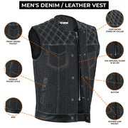 ADM Leather Men’s SOA Style Denim & Leather Motorcycle Vest – Diamond Quilted Shoulders, Gun Pockets, Club Riding Vest, White Stitching With No Band Collar ADM LEATHER