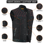 ADM Leather Men’s SOA Style Denim & Leather Motorcycle Vest – Diamond Quilted Shoulders, Gun Pockets, Club Riding Vest, Red Stitching with Band Collar ADM LEATHER