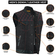 ADM Leather Men’s SOA Style Denim & Leather Motorcycle Vest – Diamond Quilted Shoulders, Gun Pockets, Club Riding Vest, Red Stitching with Band Collar ADM LEATHER