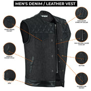 ADM Leather Men’s SOA Style Denim & Leather Motorcycle Vest – Diamond Quilted Shoulders, Gun Pockets, Club Riding Vest, Black Stitching With No Band Collar ADM LEATHER