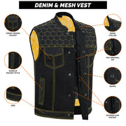ADM Leather Men’s SOA Denim Mesh Motorcycle Vest – Yellow Stitching, YKK Zipper, Concealed Carry Gun Pockets, Club-Style Band Collar ADM LEATHER