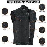 ADM Leather Men’s SOA Style Denim & Leather Motorcycle Vest – Diamond Quilted Shoulders, Gun Pockets, Club Riding Vest, Black Stitching With Band Collar ADM LEATHER