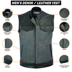ADM Leather SOA Grey Denim Black Leather Vest, Men’s Motorcycle Club Vest, Concealed Carry Biker Vest with YKK Zipper & Band Collar ADM LEATHER