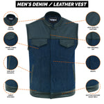 ADM Leather SOA Blue Denim Black Leather Vest, Men’s Motorcycle Biker Club Vest, YKK Zipper, Concealed Carry, Band Collar Rider Vest ADM LEATHER