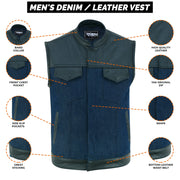 ADM Leather SOA Blue Denim Black Leather Vest, Men’s Motorcycle Biker Club Vest, YKK Zipper, Concealed Carry, Band Collar Rider Vest ADM LEATHER