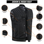 ADM Leather Men’s SOA Denim & Mesh Motorcycle Vest – Black Stitching, Concealed Carry Gun Pockets, YKK Zipper, Club-Style Band Collar ADM LEATHER