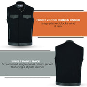 ADM Leather SOA Leather Denim Combo Vest, Men’s Motorcycle Biker Club Vest with Concealed Carry Pockets, YKK Zipper & Band Collar Rider Vest ADM LEATHER