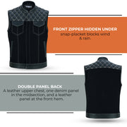 ADM Leather Men’s SOA Denim & Leather Motorcycle Vest – Diamond Quilted Shoulders, Concealed Gun Pockets, White Stitching, Band Collar ADM LEATHER