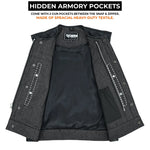 ADM Leather Men’s SOA Style Denim & Leather Motorcycle Vest – Diamond Quilted Shoulders, Gun Pockets, Club Riding Vest, Black Stitching With No Band Collar ADM LEATHER