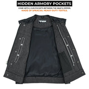 ADM Leather Men’s SOA Style Denim & Leather Motorcycle Vest – Diamond Quilted Shoulders, Gun Pockets, Club Riding Vest, Black Stitching With No Band Collar ADM LEATHER