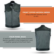 ADM Leather SOA Grey Denim Black Leather Vest, Men’s Motorcycle Club Vest, Concealed Carry Biker Vest with YKK Zipper & Band Collar ADM LEATHER
