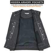 ADM Leather Men’s SOA Style Denim & Leather Motorcycle Vest – Diamond Quilted Shoulders, Gun Pockets, Club Riding Vest, White Stitching With No Band Collar ADM LEATHER