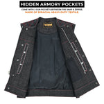 ADM Leather Men’s SOA Style Denim & Leather Motorcycle Vest – Diamond Quilted Shoulders, Gun Pockets, Club Riding Vest, Red Stitching with No Band Collar ADM LEATHER
