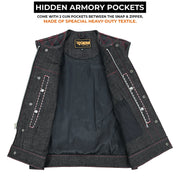 ADM Leather Men’s SOA Style Denim & Leather Motorcycle Vest – Diamond Quilted Shoulders, Gun Pockets, Club Riding Vest, Red Stitching with No Band Collar ADM LEATHER