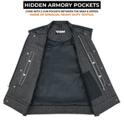 ADM Leather Men’s SOA Style Denim & Leather Motorcycle Vest – Diamond Quilted Shoulders, Gun Pockets, Club Riding Vest, Black Stitching With Band Collar ADM LEATHER
