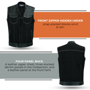 ADM Leather Denim Leather Combo SOA Motorcycle Vest, Men’s Biker Club Vest with Concealed Carry Pockets, YKK Zipper & Band Collar Rider Vest ADM LEATHER