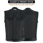 ADM Leather Men’s SOA Style Denim & Leather Motorcycle Vest – Diamond Quilted Shoulders, Gun Pockets, Club Riding Vest, Black Stitching With No Band Collar ADM LEATHER